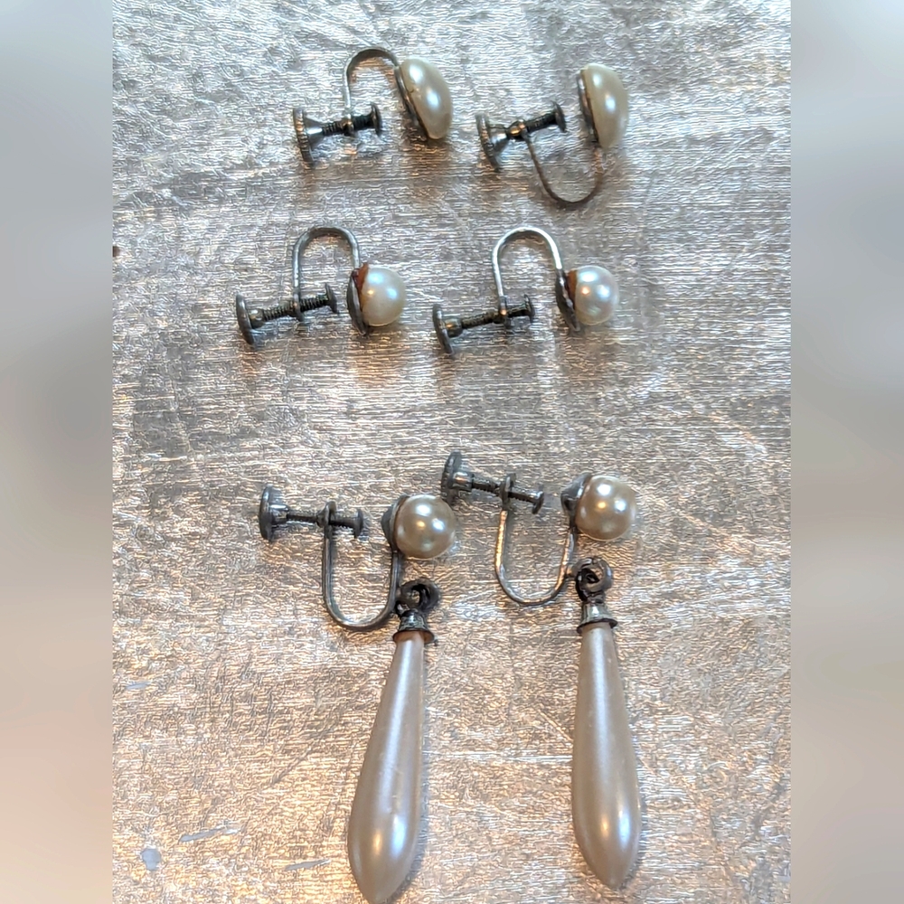 Vintage 1940's Silvertone Pearl Screwback Earrings Drop Dangle